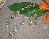 Beaded and Wire-Wrapped Jewelry Set- Going Gaga for Green and Blue