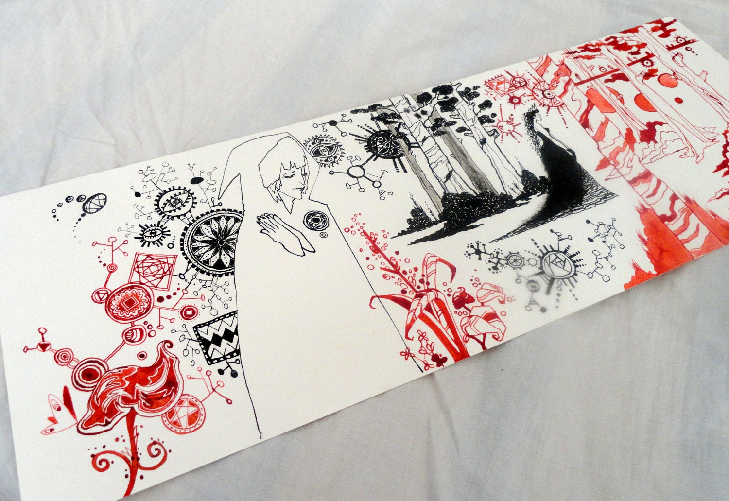 Original In the Wood, Black and Red ink Illustration Drawing by juliacalimera