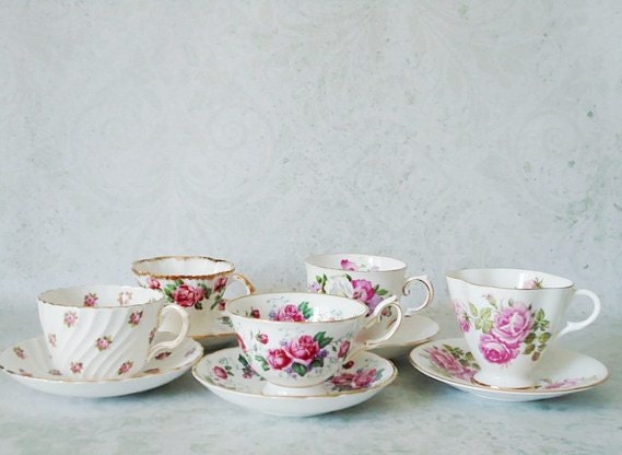 English Bone China Tea Cups Saucers - Instant Teacup Collection - 5 Teacup and Saucer Sets