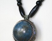 Unisex Blue Lapis Lazuli Sphere with Pyrite inclusions, Black Leather, Black Horn beads and Pyrite Flat Ovals