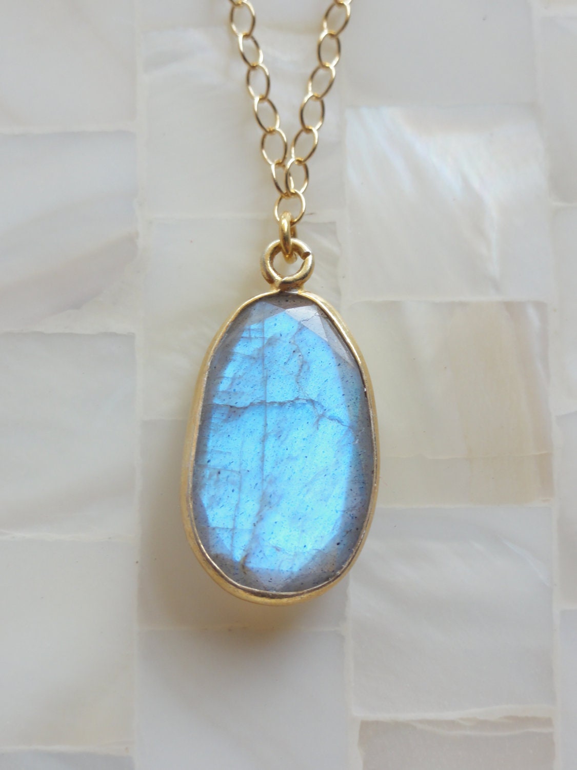 Step-Cut Faceted Vivid Blue Flash Labradorite Vermeil Bezel Pendant on Gold Chain Necklace