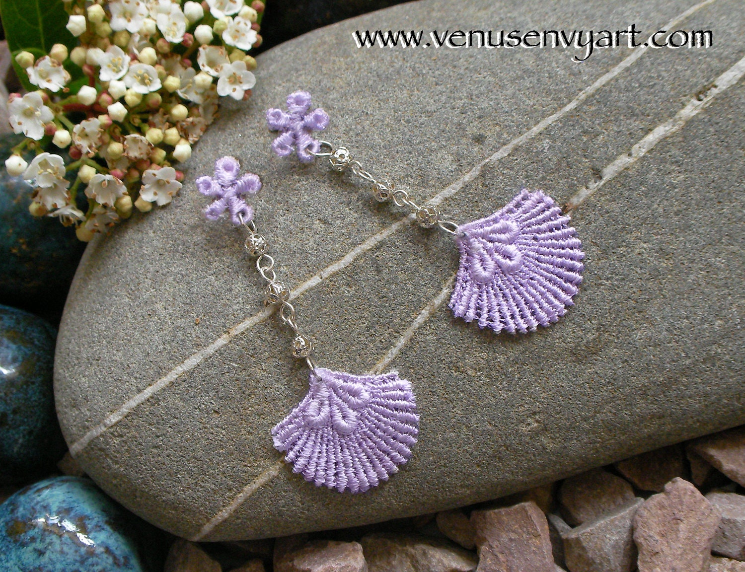 Lace and Filigree Chandelier Earrings - Shell with Flower Post in Lavender / Silver - Venice Lace Earrings