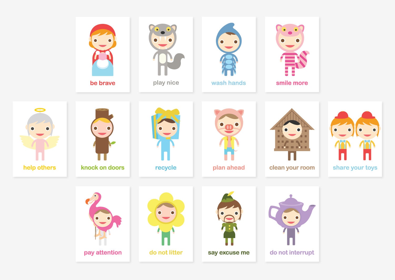 Happy Manners Card Set A of 14 - Good Manners Learning & Educational Flash Cards // Kids Wall Art Children Room Decor