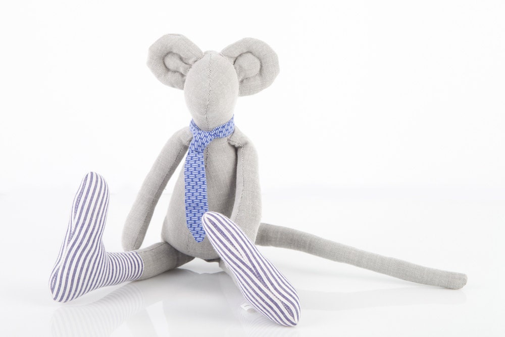 Elegant Fall Light Gray Mouse Wearing blue tie with geometric print and striped socks - timo handmade fabric eco doll for him - TIMOHANDMADE