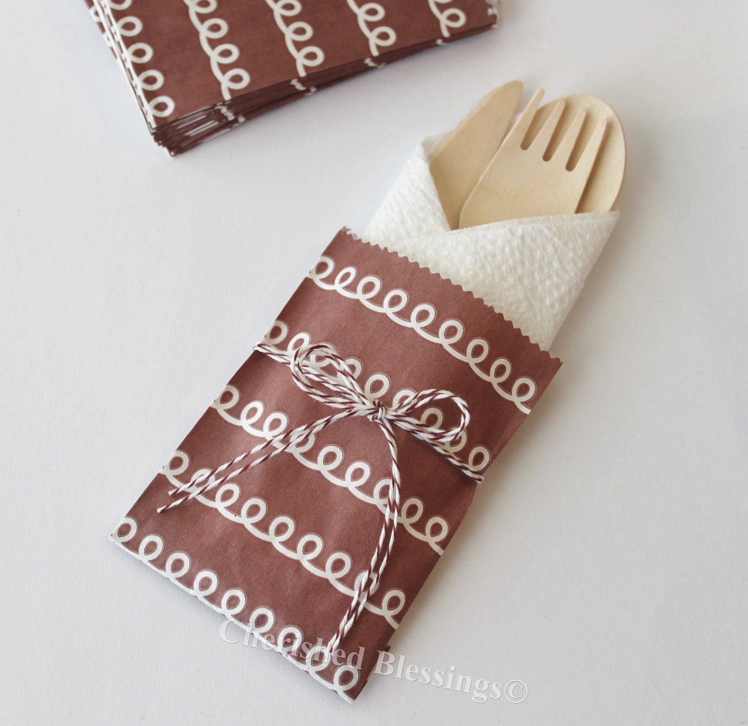 10 Wood Wooden Cutlery Bags w/ Silverware Utensils Table Setting Wedding Kids Birthday Party Baby Shower Favors Paper Goods Chocolate Il_570xn