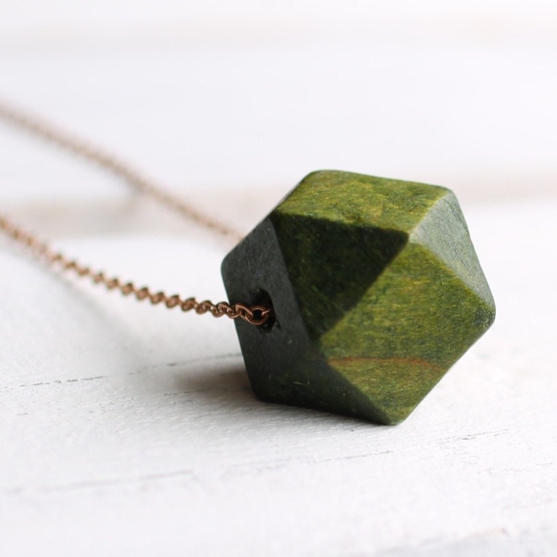 Green Geometric Necklace ...  Forest Wood with Fine Brass Chain
