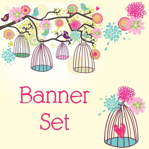 Premade Etsy Shop Banner Avatar Set - bird cage with love heart flower branch etsy banner set - no271