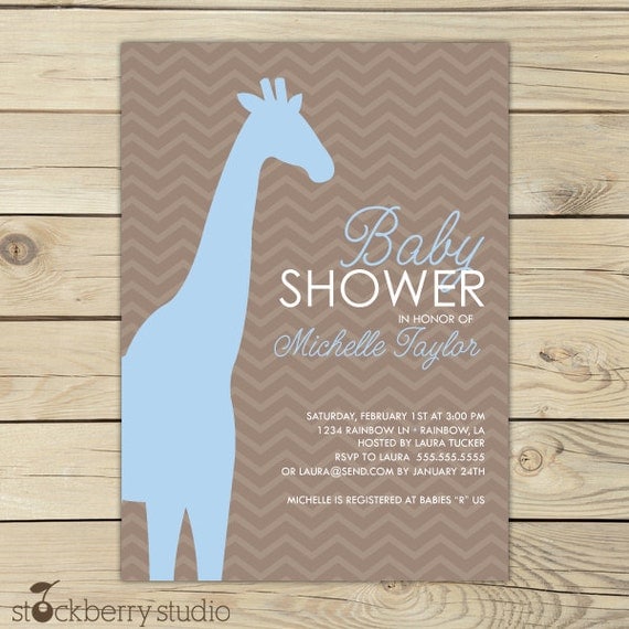 Chevron Giraffe Baby Shower Printable Invitation Blue and Brown Il_570xn