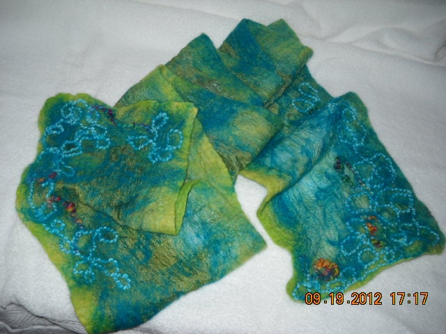 Hand Made Nuno Felted Scarf in Hand Dyed Silk Aqua and Greens Fabric with Yarn Design OOAK