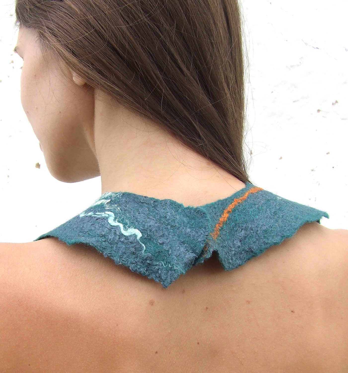 Teal statement  felt necklace, felted wool bib collar, green teal scarf weddings bridesmaid winter fashion