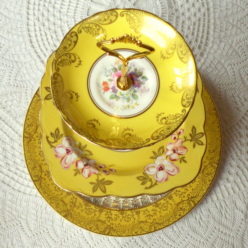 Alice Loves Summer, Sunshine Yellow Cupcake Stand of Vintage China, 3 Tier Display for Garden Wedding or High Tea Party Centerpiece