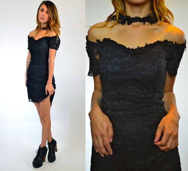black LACE high neck CHOKER grunge GOTHIC fitted mini dress, size medium