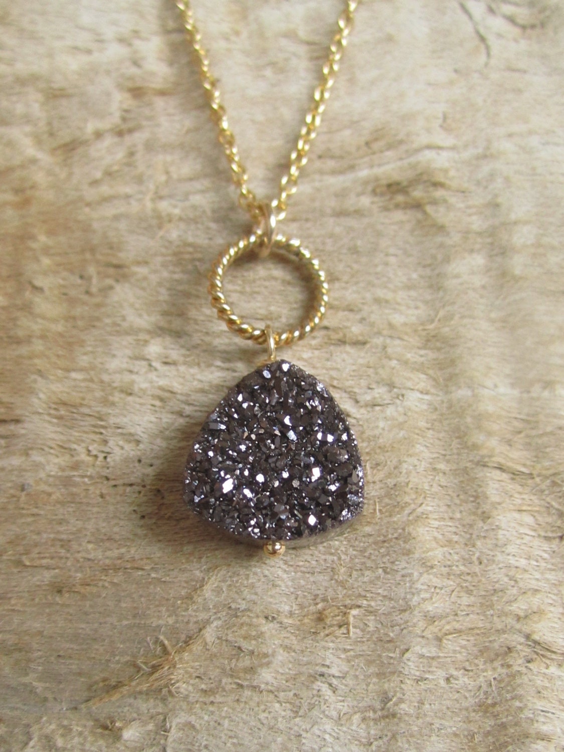Druzy Necklace Brown Drusy Quartz 14K Gold Fill