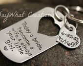 Today a bride, tomorrow a wife, always your little girl Hand Stamped Dog Tag Heart Cut out Key Chain Perfect Gift for Father of the Bride