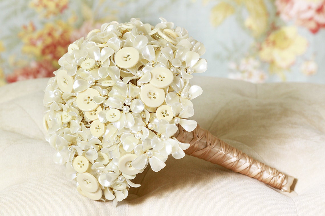 Wedding Flowers - Button Bouquet with Ivory Pearl Hydrangea Beaded Flowers - Wedding Bouquets - Great Brooch Bouquet Alternative