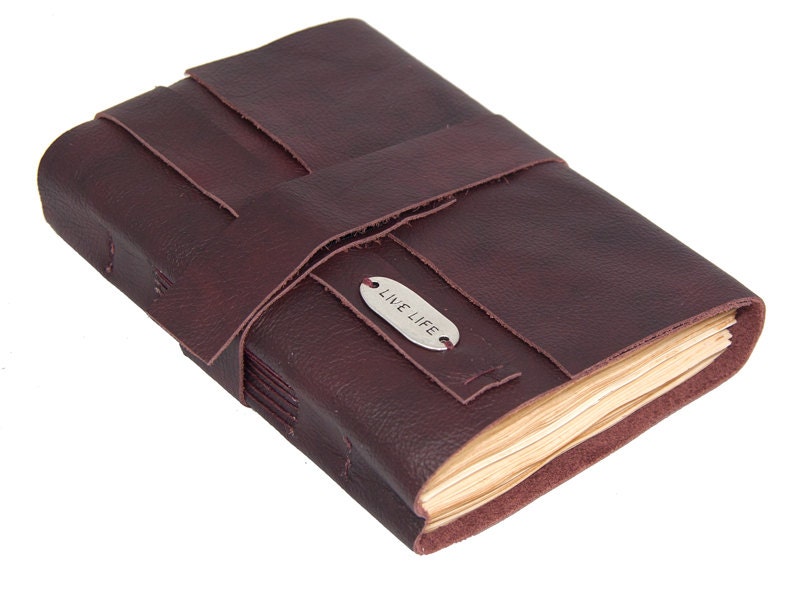 Burgundy Leather Journal with Tea Stained Paper