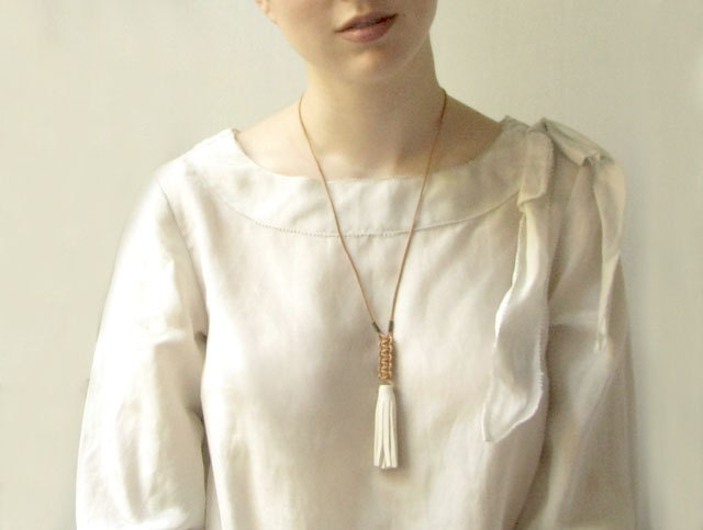 White Jewelry - Contemporary Long Ceramic Tassel Leather Necklace - Fashion