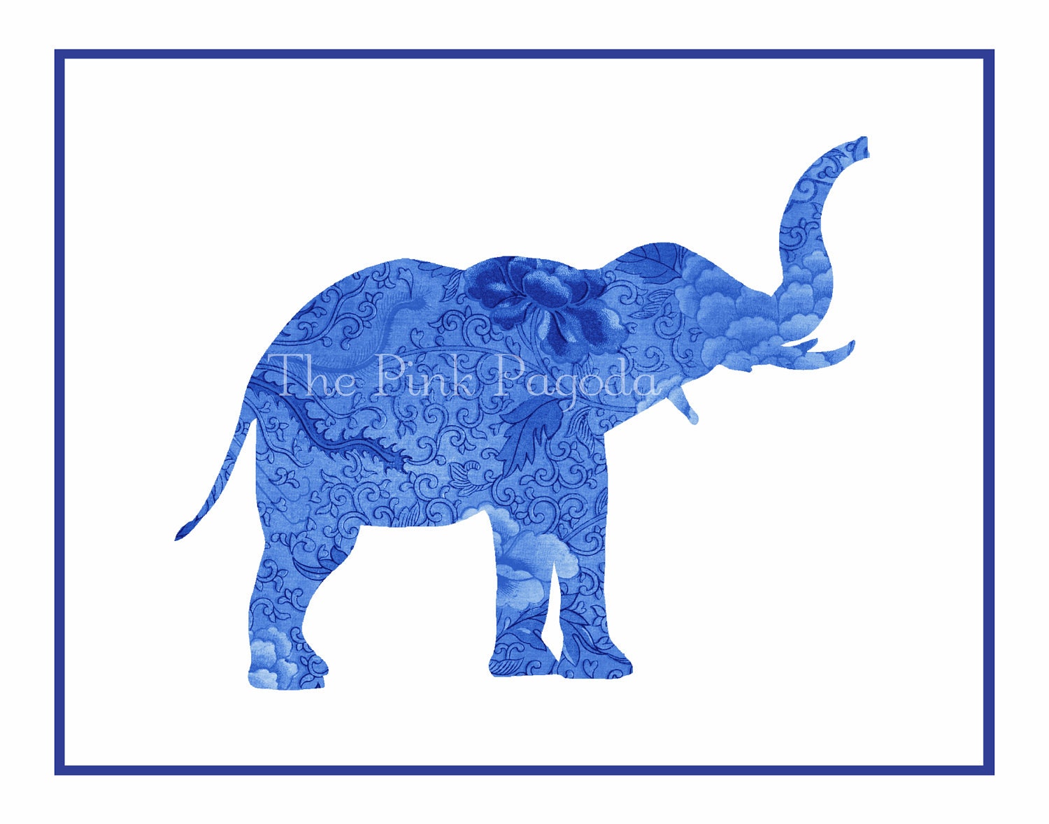 Navy Blue Chinoiserie Floral Elephant Silhouette Facing Right Giclee 11x14