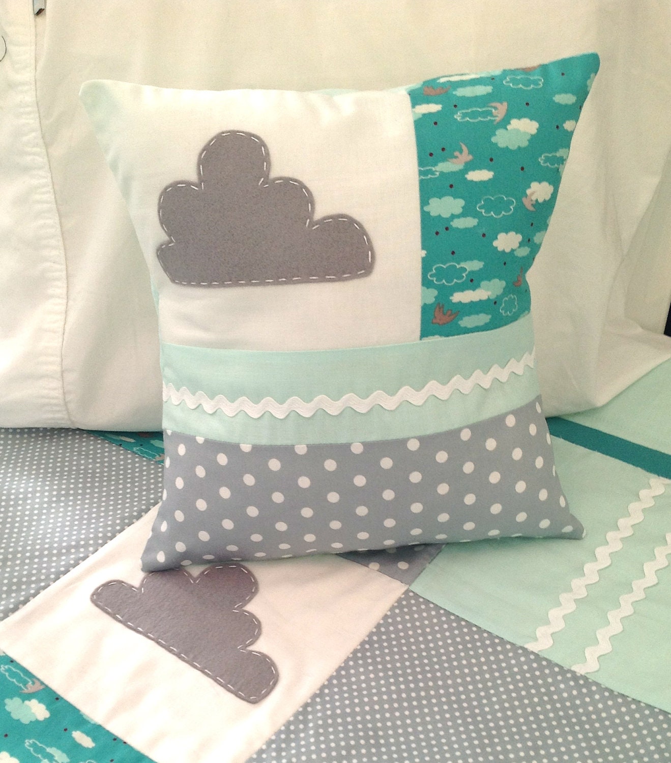 Little Cloud Crib Quilt and matching decorator pillow -Ready to ship..one only