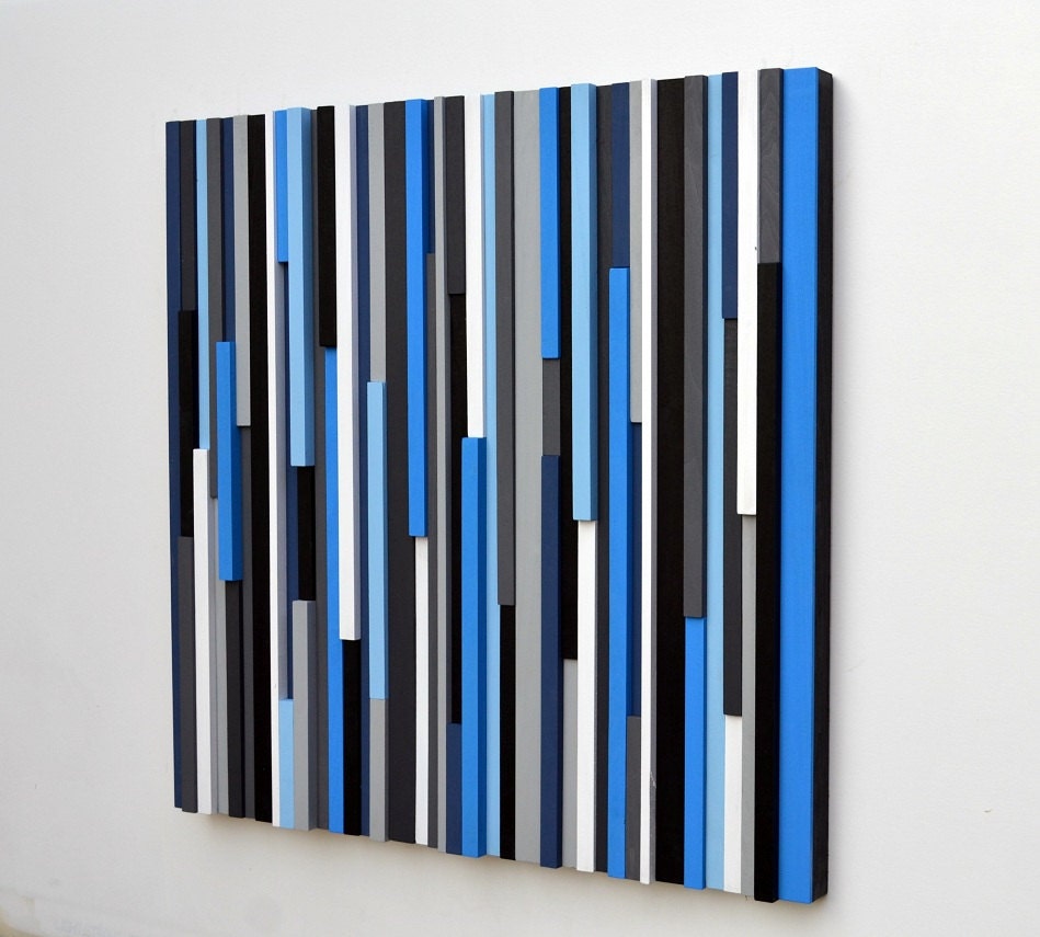 Reclaimed Wood Artwork - Lines - 30x30 in electric blue