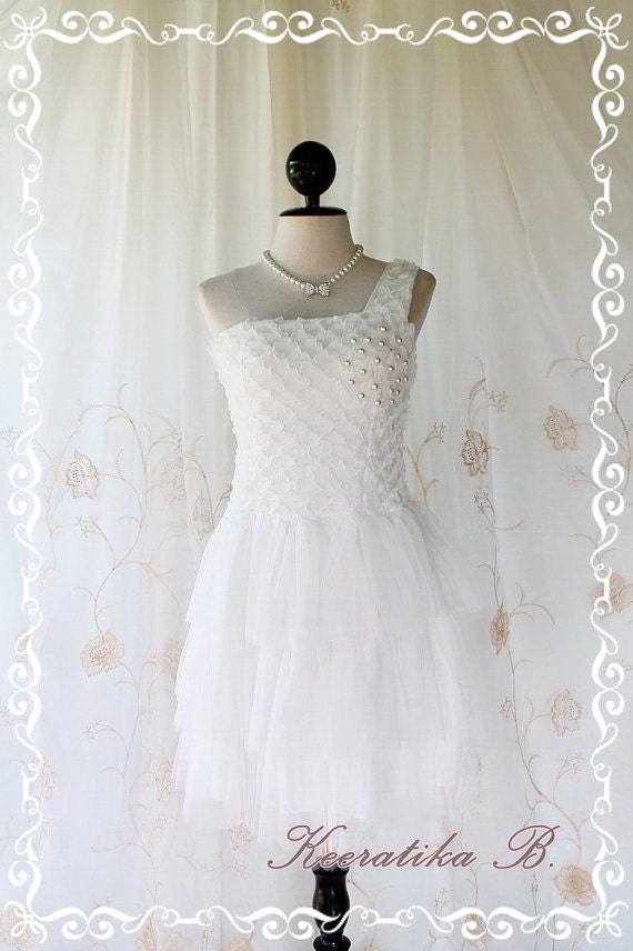 Princess Of The Night Cocktail Dress - Pure White Top Pearl Beads Embroidered One Shoulder Tutu Wedding Night Party Prom Cocktail Size M