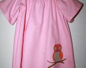 Girl's Pink Flannel Night Gown with Owl Applique - Size 12-24m. Custom Sizes Available