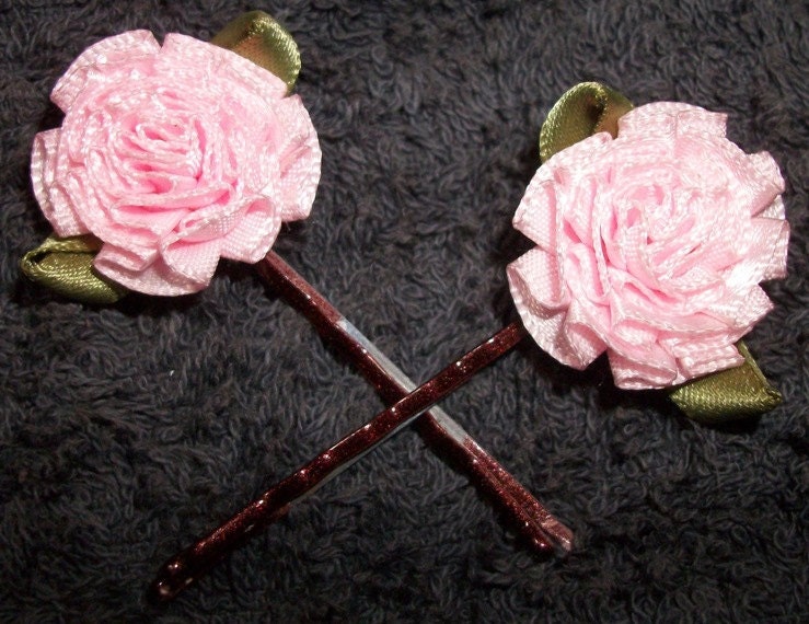 Pink ribbon flower bobby pins