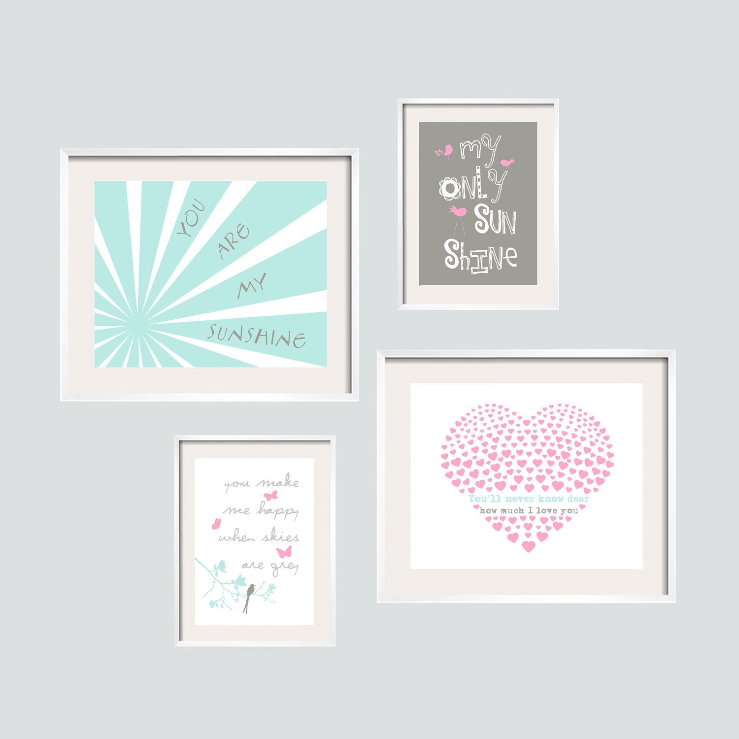 Aqua, sweet Pink and Grey You Are My Sunshine Print Set 5x7 and 8x10 -Eclectic style Gallery wall by YassisPlace