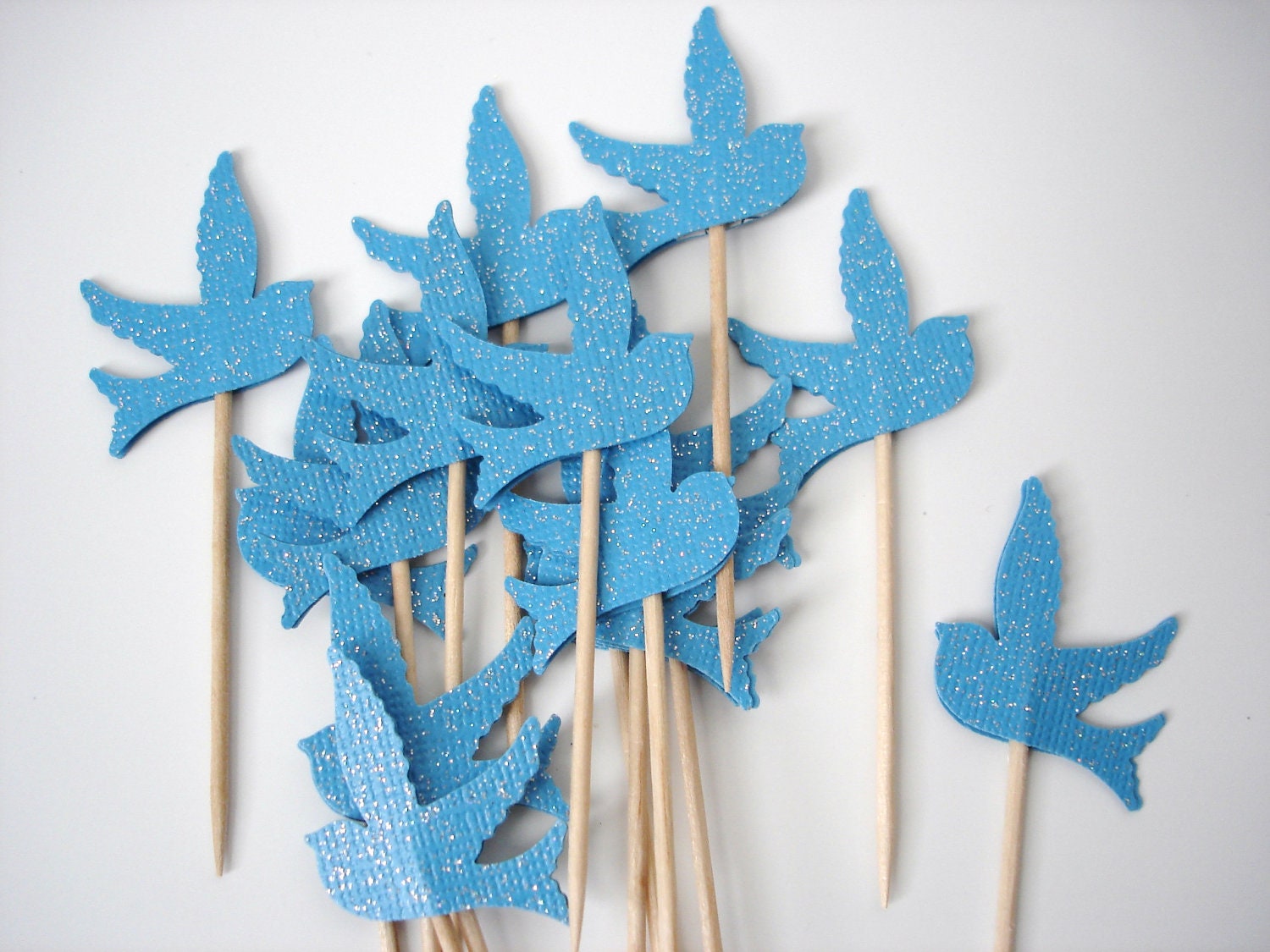 24 Glittered Blue Birds in Flight Party Picks Cupcake Toppers Food Picks Toothpicks - No237