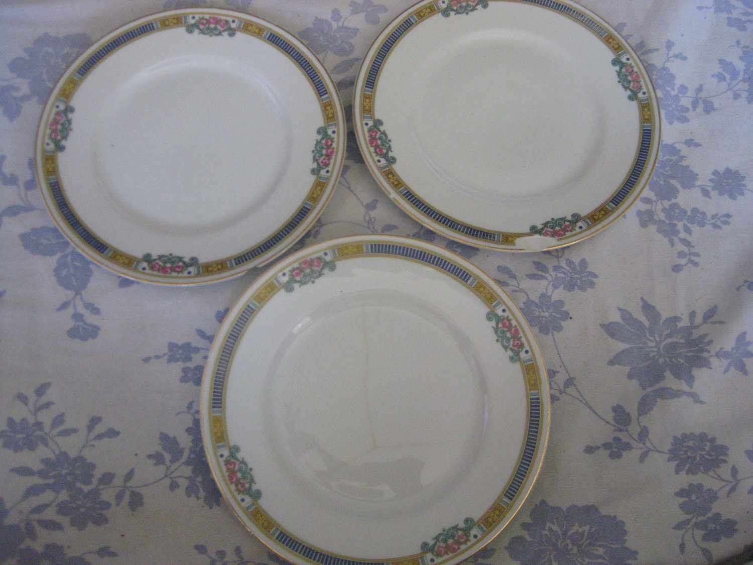 Antique Limoges France Plate Pink Roses Scroll Border Damaged SEt of 3