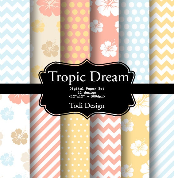 Tropic Dream- INSTANT DOWNLOAD Coral, Yellow and Aqua Digital Paper Set Il_570xn