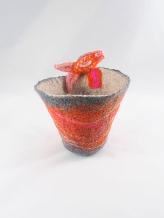Orange Grey Felted Bowl Needle Felted Fish and Pebble