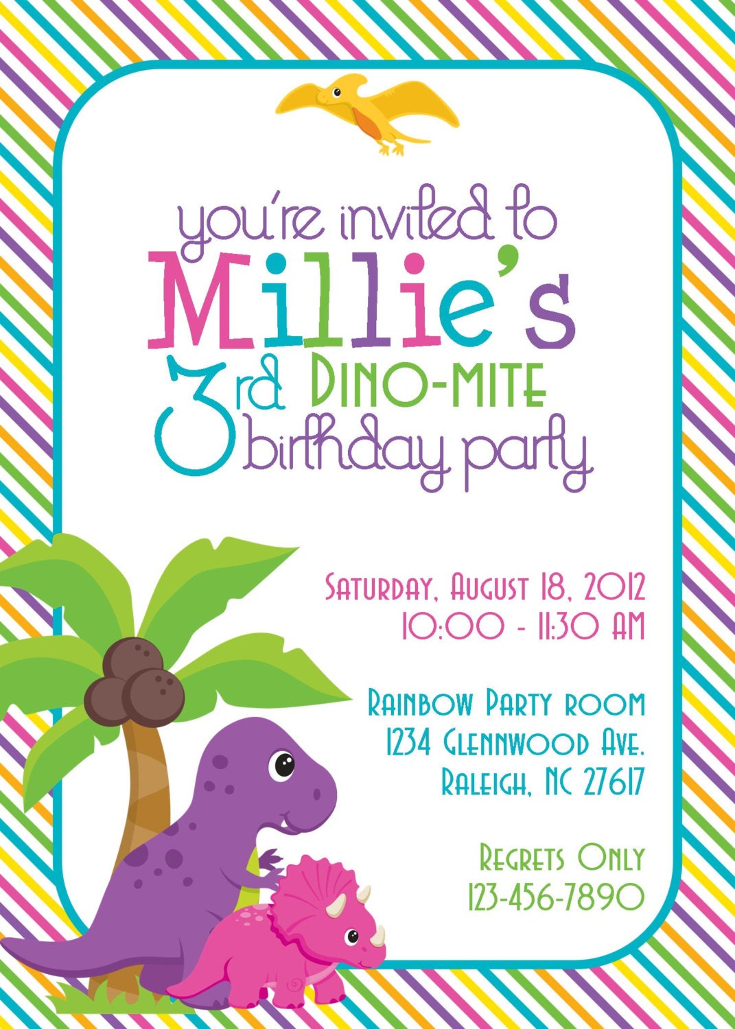 Dino-Mite Dinosaur Birthday Party 5x7 Invitation- Girl DIY Printable Il_570xn