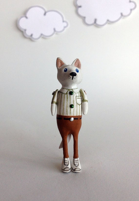 White Dog Pin in Striped Shirt, Animal Jewelry, One-Of-A-Kind Brooch