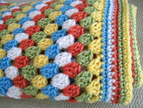 Crochet baby blanket granny square afghan blue green white orange yellow crib stroller handmade baby boy girl