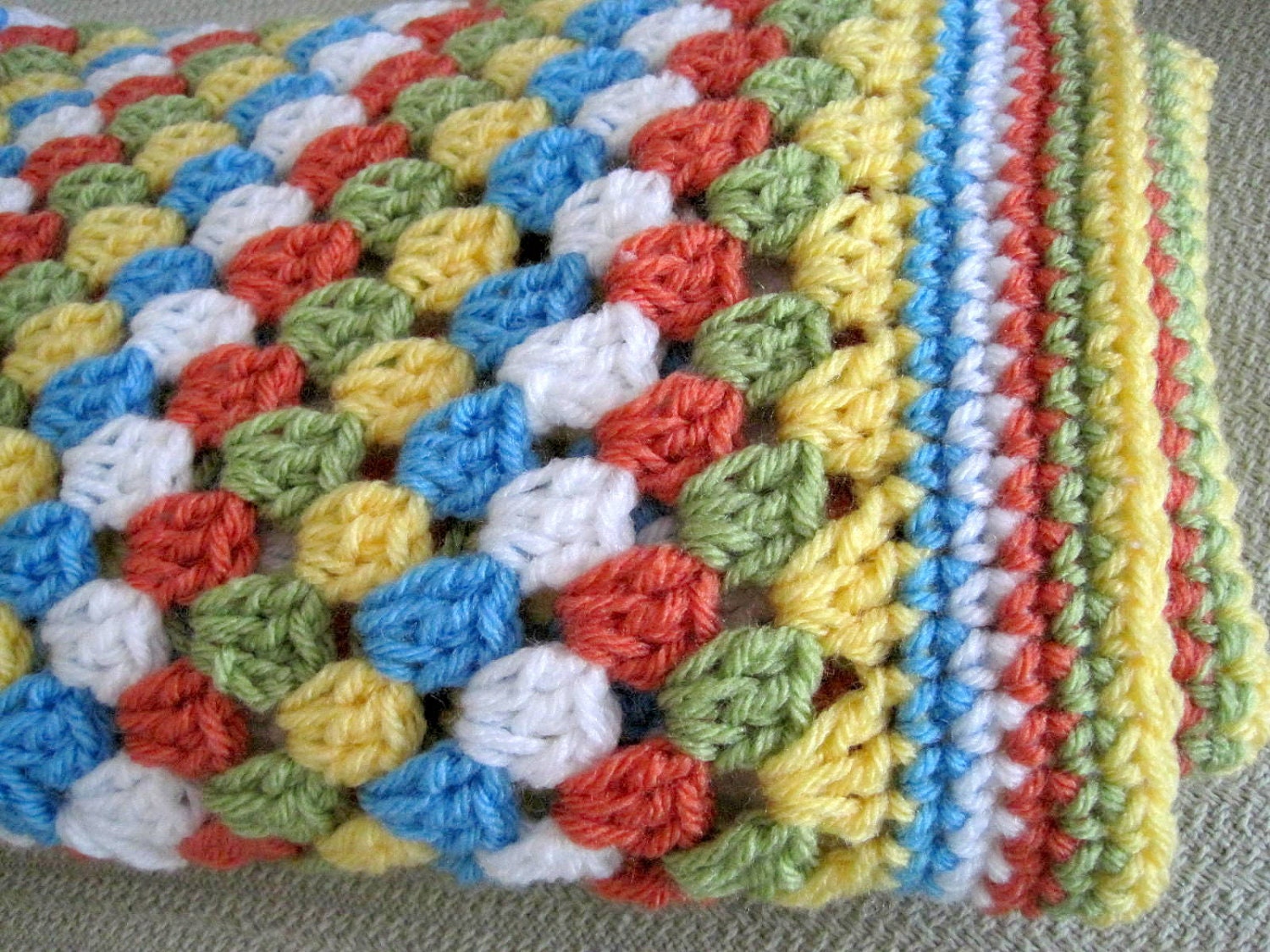 Crochet baby blanket granny square afghan blue green white orange yellow crib stroller handmade baby boy girl