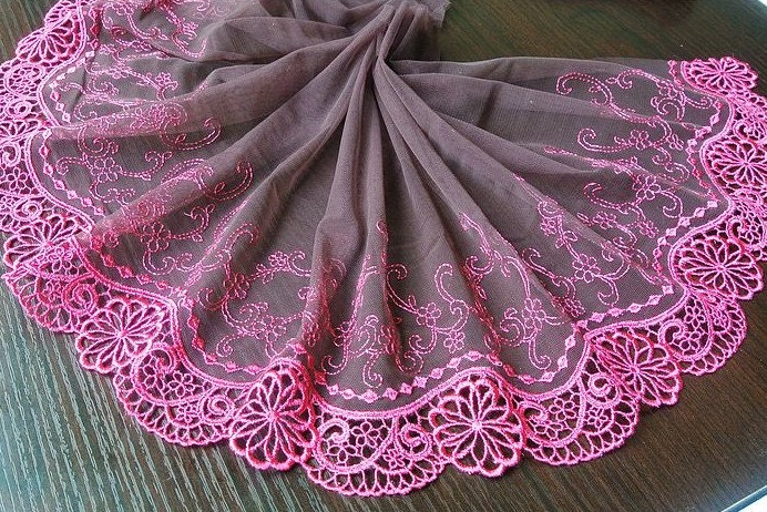 2.7 Yards Lace Trim Hot Pink Floral Emboridery Venice Lace Edge Deep Purple Tulle Lace 9.44 Inches Wide