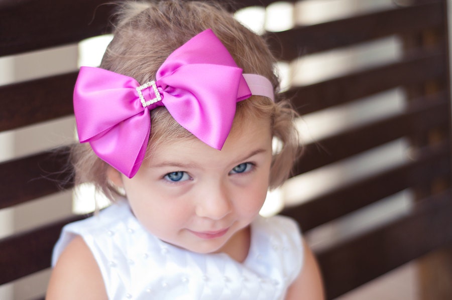 Wildberry Pink - Fuchsia - Large Sweet Satin Bow with Square Crystal Buckle Center -  Elastic Headband or Hair Clip