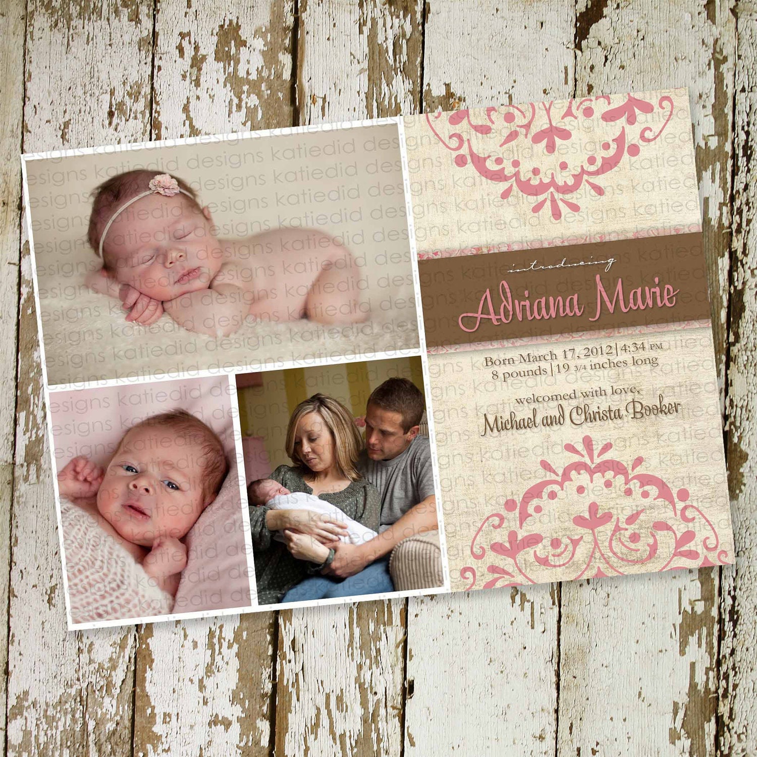 girl birth announcements, christening or baby shower invitation, shabby pink, digital, printable file (item 435)