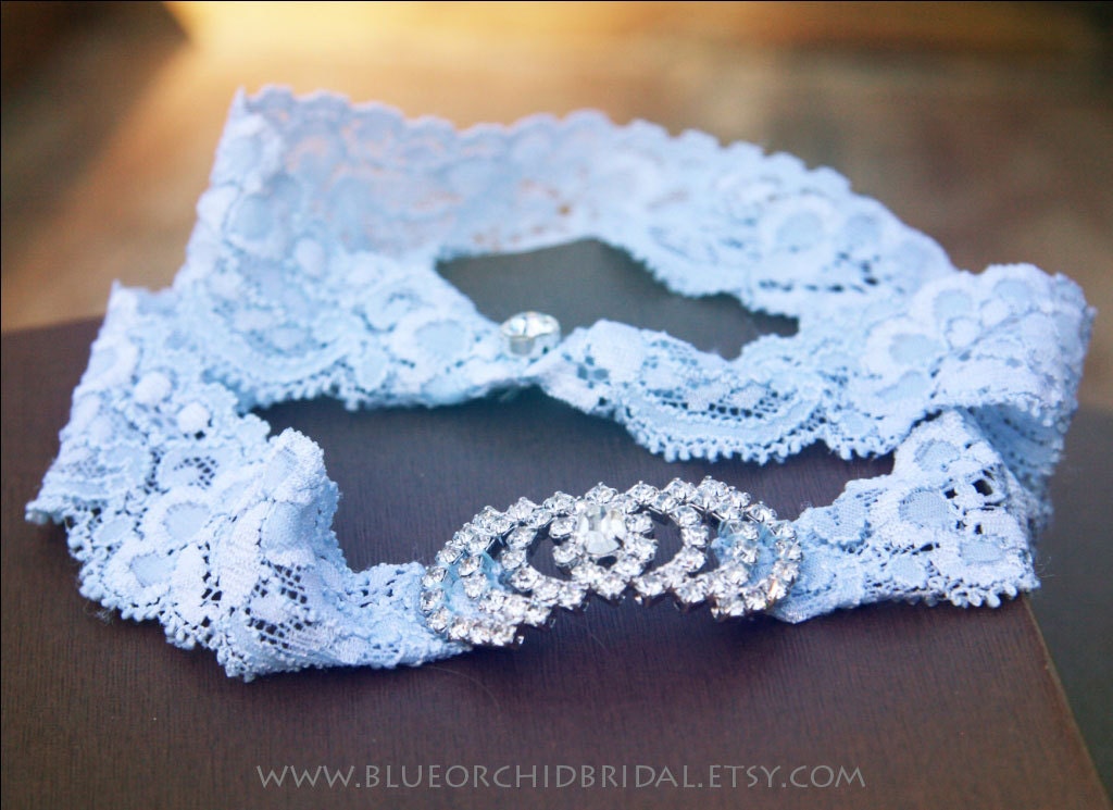 Wedding Garter Set Bridal Garter Blue Lace with Crystal Accent Toss Garter