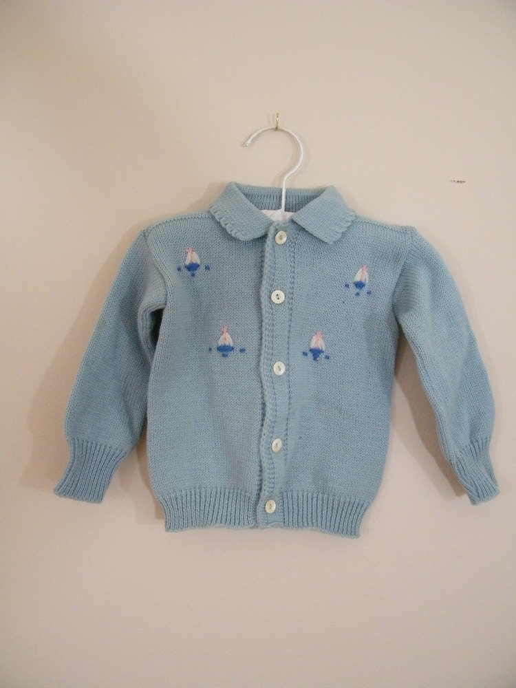 Vintage 1950s Toddler Girls Blue Sweater / Sailboat Embroidery