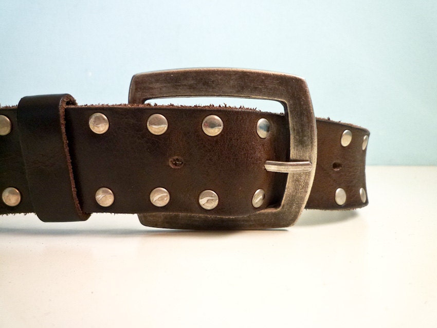 Vintage Leather Rivet Punk Belt Deep Brown Silver Buckle