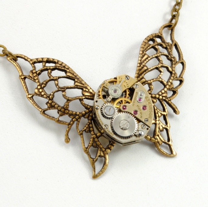 Steampunk Jewelry Necklace Steampunk Vintage Watch Necklace Butterfly Unusual Two-Tone Steampunk Jewelry By Victorian Curiosities