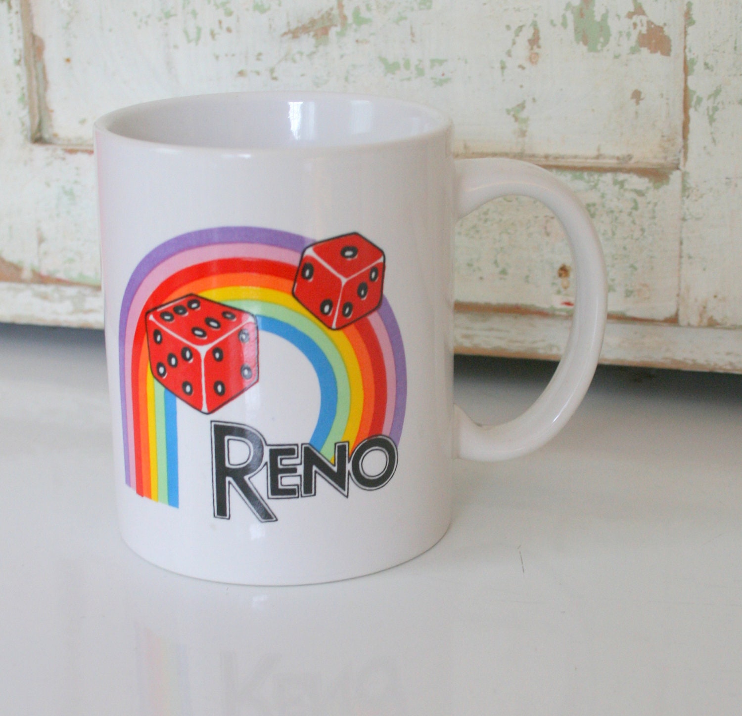 Vintage RAINBOW Mug....reno. dice. colorful. coffee. tea. drink. kitsch. retro housewares. cream. novelty. collectible.
