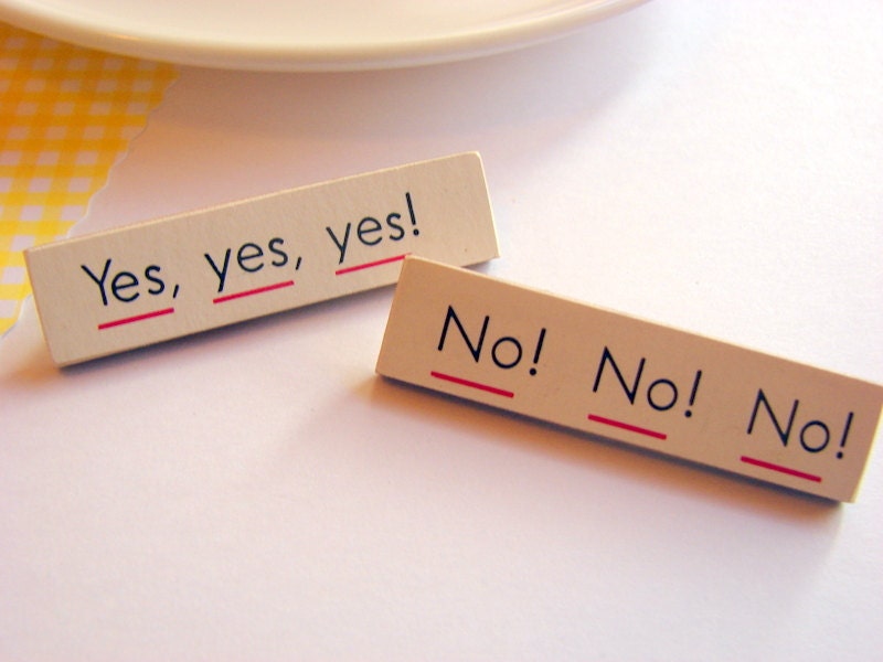 Yes Yes Yes Pin Set - No No No - Medium Paper and Wood Decoupage Brooches - Two - Vintage Conversation Word Text - One of a Kind