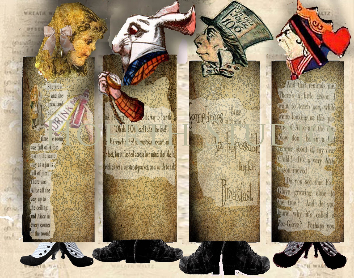Alice in Wonderland Printable Bookmark Collage Fairytale Instant digital download