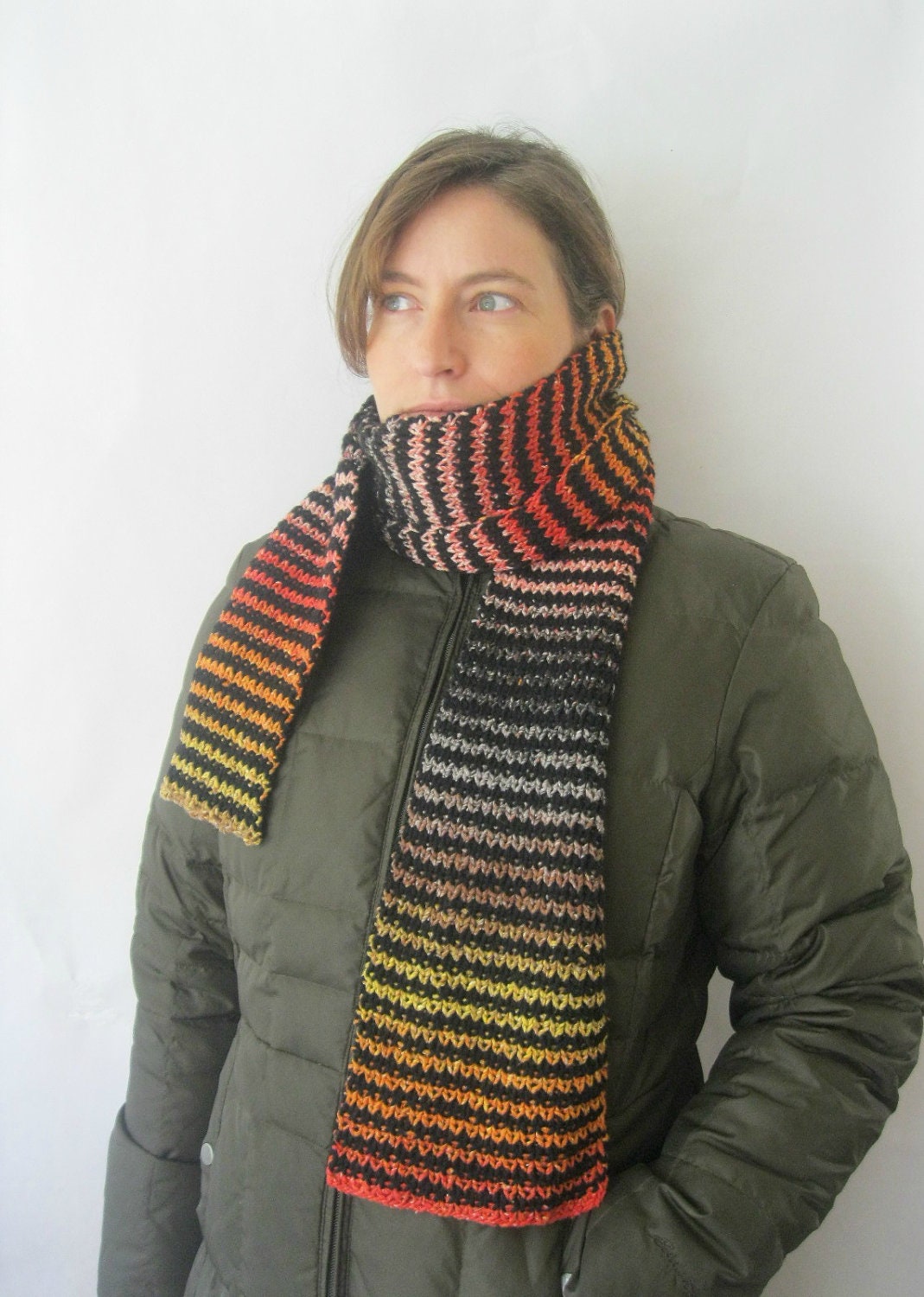 Long Striped Scarf - Handknit Wool and Silk Black Coral Red Yellow Funky Luxury Scarf Men or Women