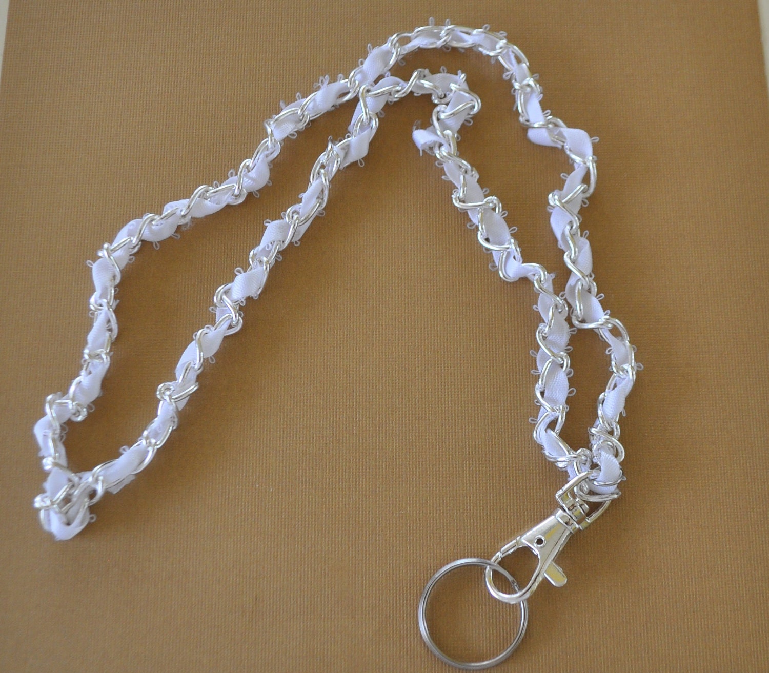 White Ribbon and Chain Lanyard