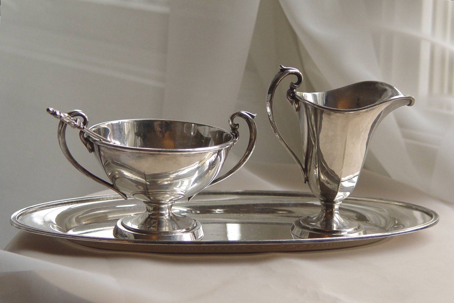 Vintage Evans EPNS Silver Plate Silverplate Creamer & Sugar Bowl SET with TRAY and Designer Demitasse Spoon