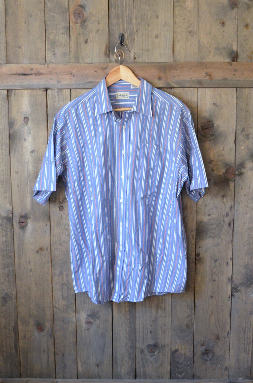 LL BEAN blue stripes short sleeve cotton shirt / mens large